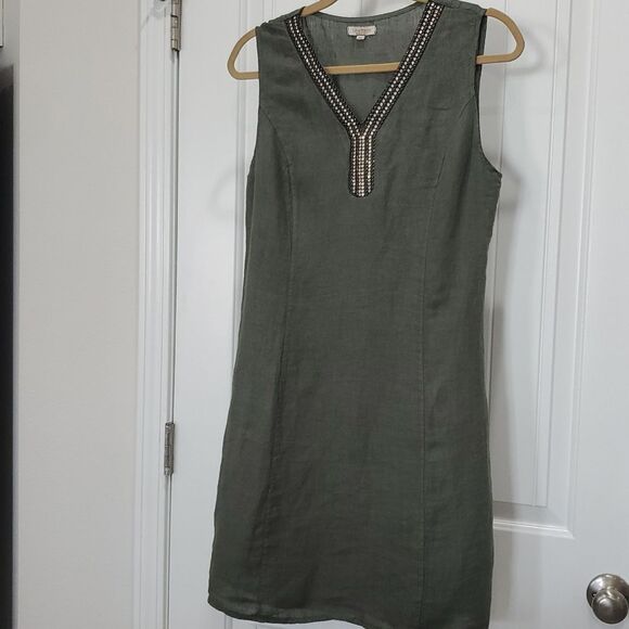 Lina Tomei 100% LINEN Shift Embellished Sleeveless  Dress Green SZ Med Italy - Picture 1 of 5